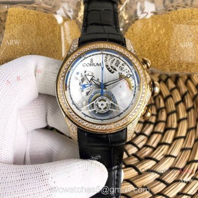 Replica Bubble Corum Watch Diamond Bezel Gold Case Silver Chronograph Dial 1
