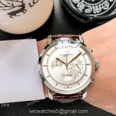 Best Copy Vacheron Constantin Chronograph Watch Silver Dial Black Leather strap 1
