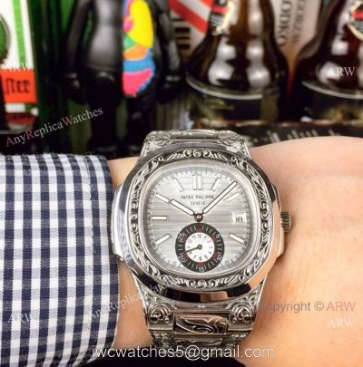 Copy Patek Philippe Engraving Nautilus Stainless Steel Watch Silver Dial 1