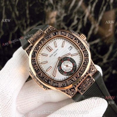New Replica Patek Philippe Nautilus White Face Rose Gold Tattoo Rubber Strap Watch 1