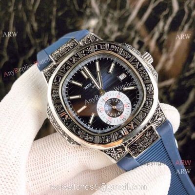 Fake Patek Philippe Engraving Nautilus Blue Rubber Strap Blue Dial 1