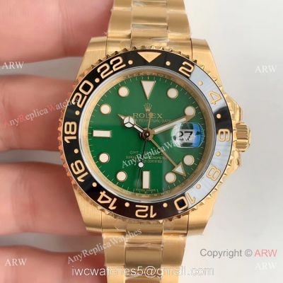 (EW) Replica Rolex GMT Master II Swiss ETA 2836 Yellow Gold Green Dial Watch 1