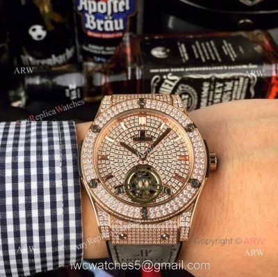 Iced Out Hublot Classic Fusion Watch Replica Rose Gold Gray Gummy Strap 1