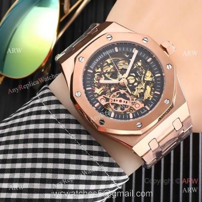 High Quality Fake AP Skeleton Royal Oak Rose Gold Black Dial Watch 1
