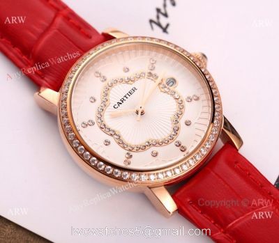 Copy Cartier Red Leather Strap Rose Gold Diamond Quartz Watch 35mm 1