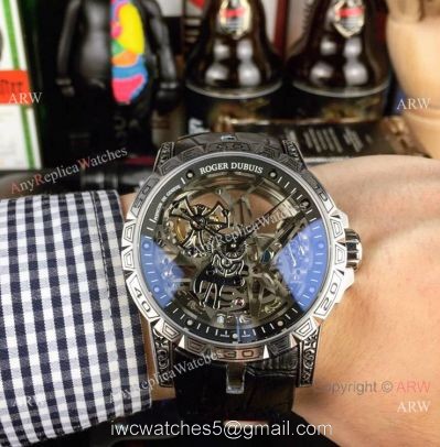 Copy Roger Dubuis Excalibur 46 Skeleton Men Watch SS Black Leather Strap 1