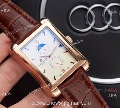 Clone Vacheron Constantin Moonphase Watch Rose Gold Brown Leather Strap 1