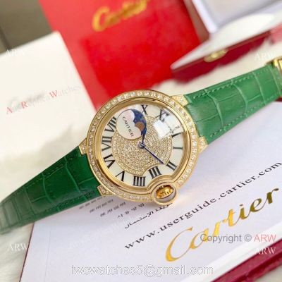Ballon Bleu de Cartier 36mm Replica Watches Gold Diamond Green Leather Band 1