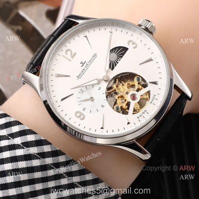 Fake Jaeger LeCoultre Tourbillon White Dial Black Leather Band Watch 42mm 1