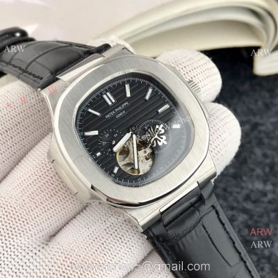 Patek Philippe Tourbillon Black Copy Watch Black Leather Strap 1