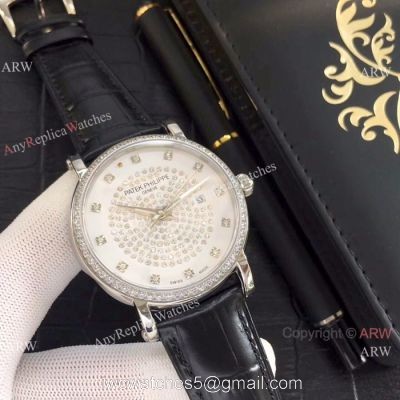 Patek Philippe Calatrava Diamond Watch SS Black Leather Band 1