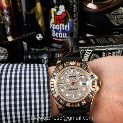 Rolex Yachtmaster Rose Gold Replica Watch Diamond Pave Dial Rainbow Bezel 116695 1