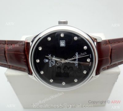 Buy Copy Rolex Geneve Cellini Black Watch Brown Leather strap 1