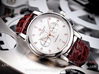 Copy Patek Philippe Geneve Chronograph Watch White Dial Brown Leather Band 1