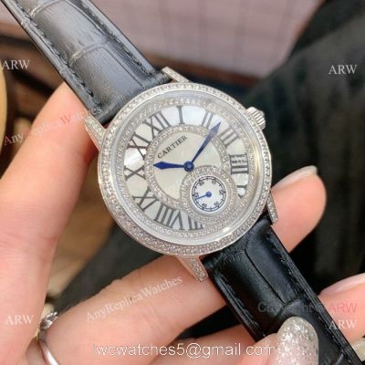 Fashion Cartier Watch Lady Diamond Bezel Black Leather Strap 1