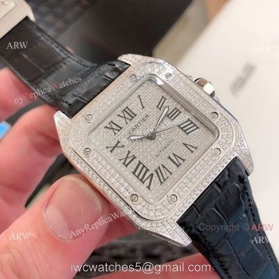 Cartier Santos 100 Diamond Replica Watch SS Full Diamond 1