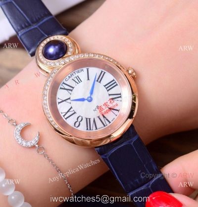 High Quality Copy Cartier Women watches Rose Gold Blue Leather Strap 1