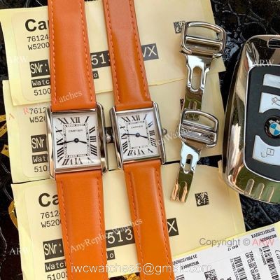 Cartier Solo Tank Quartz Watch SS Orange Leather Band 1