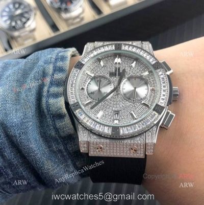 Iced Out Hublot Knock off Watches Classic Fusion SS Black Rubber Strap 1