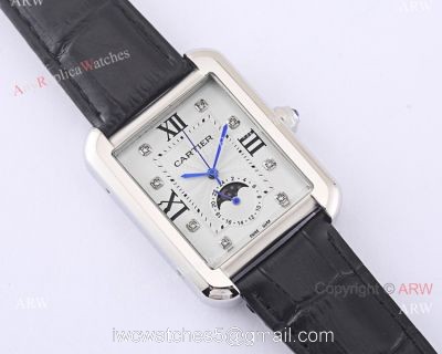 Cartier Tank Solo Moonphase Copy Watch White Dial Black Leather Strap 1