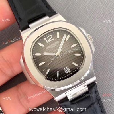 New Patek Philippe Nautilus Watch SS Gray Dial Black Leather Band 1
