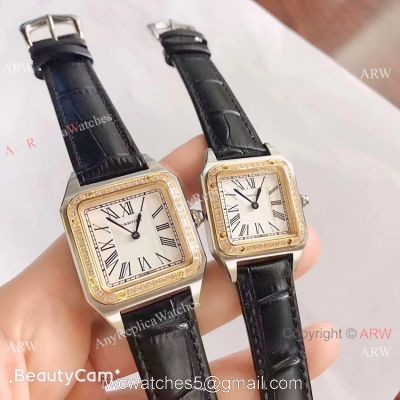 2019 New Cartier Santos Diamond Replica Watch Black Leather Strap Gold Bezel 1