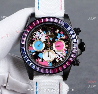 Rolex Daytona Rainbow Replica Watch Graffiti Dial White Leather Strap 1