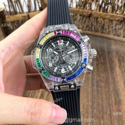Hublot Big Bang Unico Replica Watches Rainbow Bezel Skeleton Dial Hublot Clear Watch 1