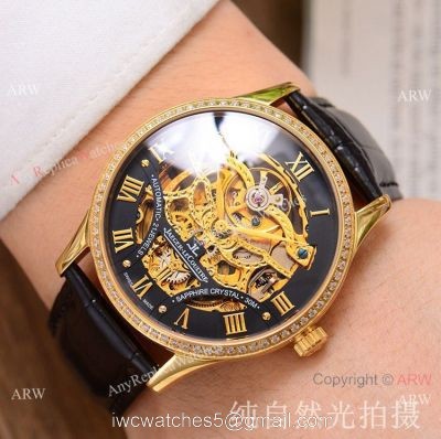 Copy Jaeger-LeCoultre Skeleton Watch Gold Case Diamond Bezel 1