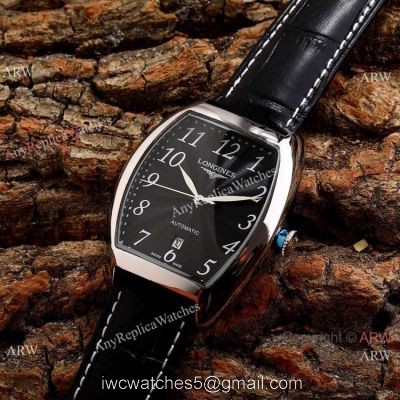 Copy Longines Evidenza Men Watches Black Dial Black Leather Strap 1