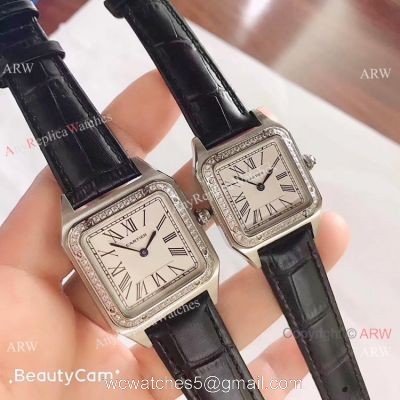 2019 New Cartier Santos Diamond Replica Watch Black Leater 1