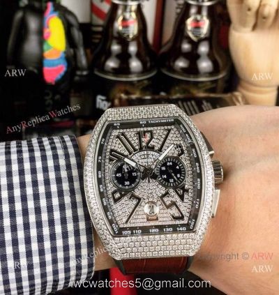 New Franck Muller Vanguard Chronograph Copy Watch SS Diamond Brown Leather Strap 1
