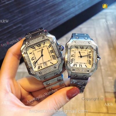 New Fake Cartier Santos 100 Diamond QUARTZ Watch Stainless Steel White Dial 1