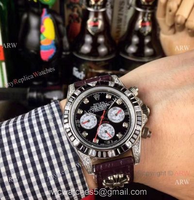 Rolex Daytona Rainbow Replica Automatic Watch Black Dial Purple Leather Strap 1