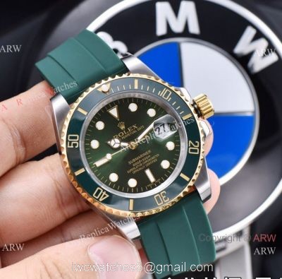 Copy Rolex Submariner Date 2 Tone Green Rubber Strap Watch 41mm 1