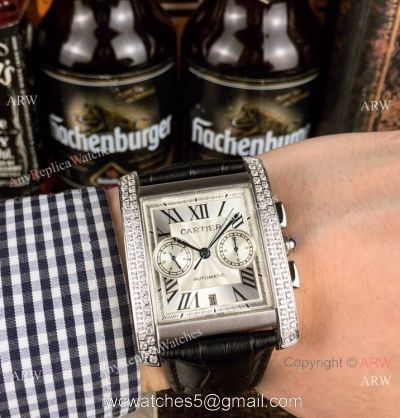New Copy Cartier Tank Francaise watch SS Diamond Black Leather Band 1