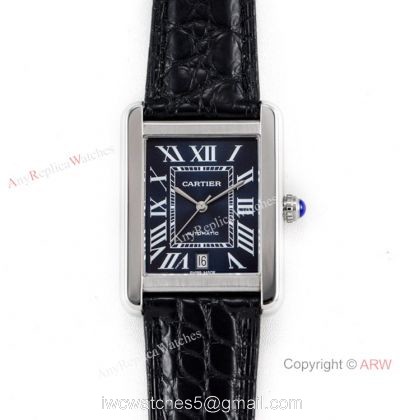 (ER) Grade 1A SwissTank Solo Cartier Watch Copy SS Black Roman Face 1