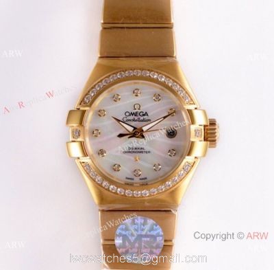 Swiss Replica Omega Constellation 27mm Watch Yellow Gold Pink MOP Dial 1