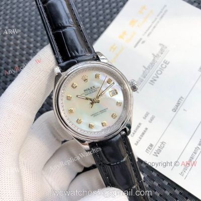 Rolex Datejust White MOP Black Leather Strap Watch Replica 1