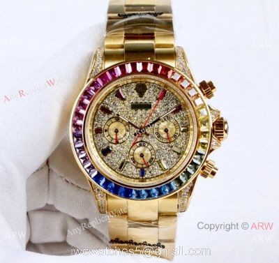 42mm Rolex Daytona Rainbow Replica Watch Gold Case Diamond Dial 1