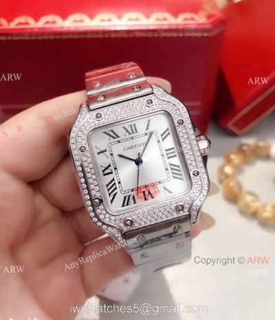 Fake Cartier Santos 100 Diamond Watch Stainless Steel Silver Roman Dial 1