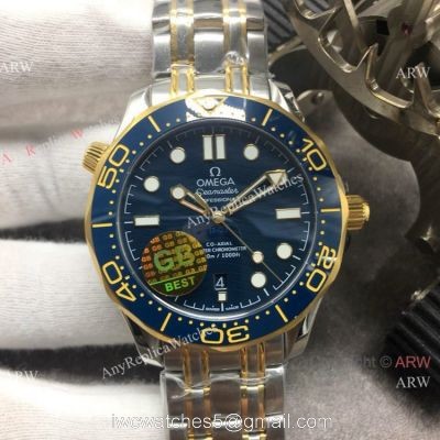 GB Factory Seamaster Diver 300M James Bond Replica Watch 2-Tone Blue Ceramic Omega 8800 Movement 1