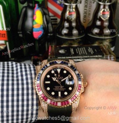 New Rolex Submariner Rose Gold Rubber Strap Watch Rainbow Bezel 1