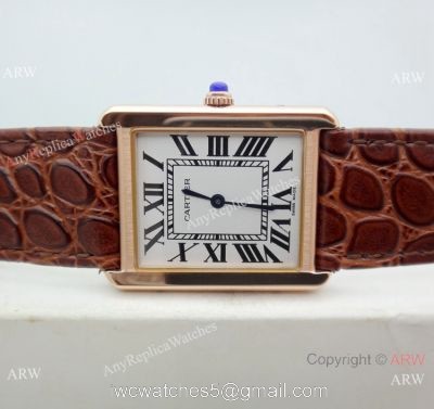 Replica Cartier Tank Solo Rose Gold Brown Leather Strap Watch 27mm 1