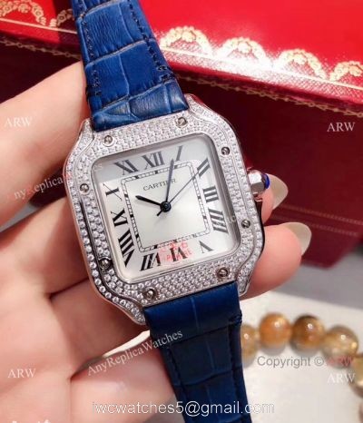 Cartier Santos 100 Diamond Replica Watch SS Diamond Case Blue Leather Strap 1