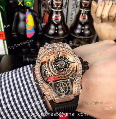 Swiss Quality Hublot Tourbillon Skeleton MP-09 Bi-Axis Watch Rose Gold Diamonds 1