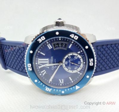Copy Cartier Calibre De Diver SS Blue Rubber Strap Watch Low Price 1