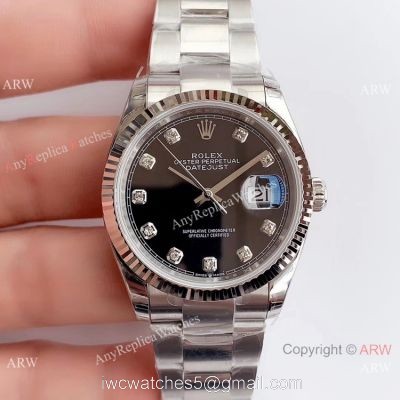 Swiss Replica Rolex Datejust EW Factory 3235 316L Watch Stainless Steel Black Diamond Dial 1