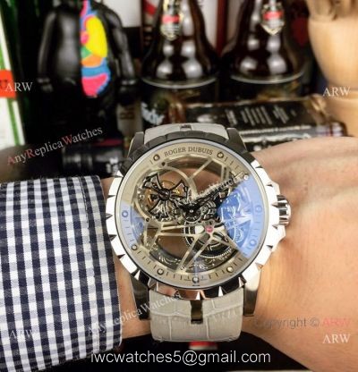 Copy Roger Dubuis Excalibur Flying Tourbillon Watches SS Gray Leather Strap 1