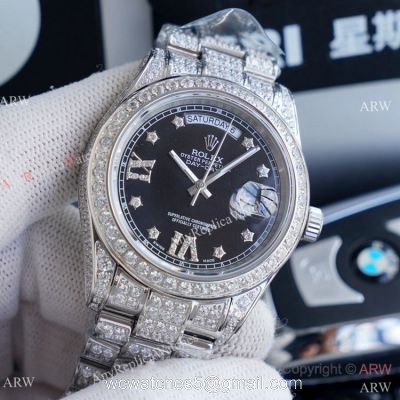 Replica Rolex Day Date II Watches Stainless Steel Iced Out Diamond Case 1